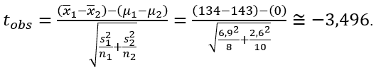 exemplo 7 - cálculo do t observado - teste para médias com variâncias desconhecidas e diferentes