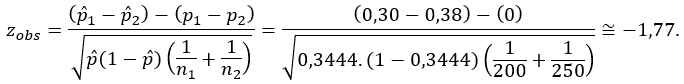 exemplo 8 - cálculo do z observado para igualdade de proporções