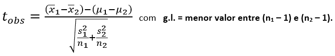 fórmula do Teste para Médias de Amostras Independentes com Variâncias Populacionais Desconhecidas e Diferentes